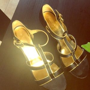 Coach black and gold strappy wedges